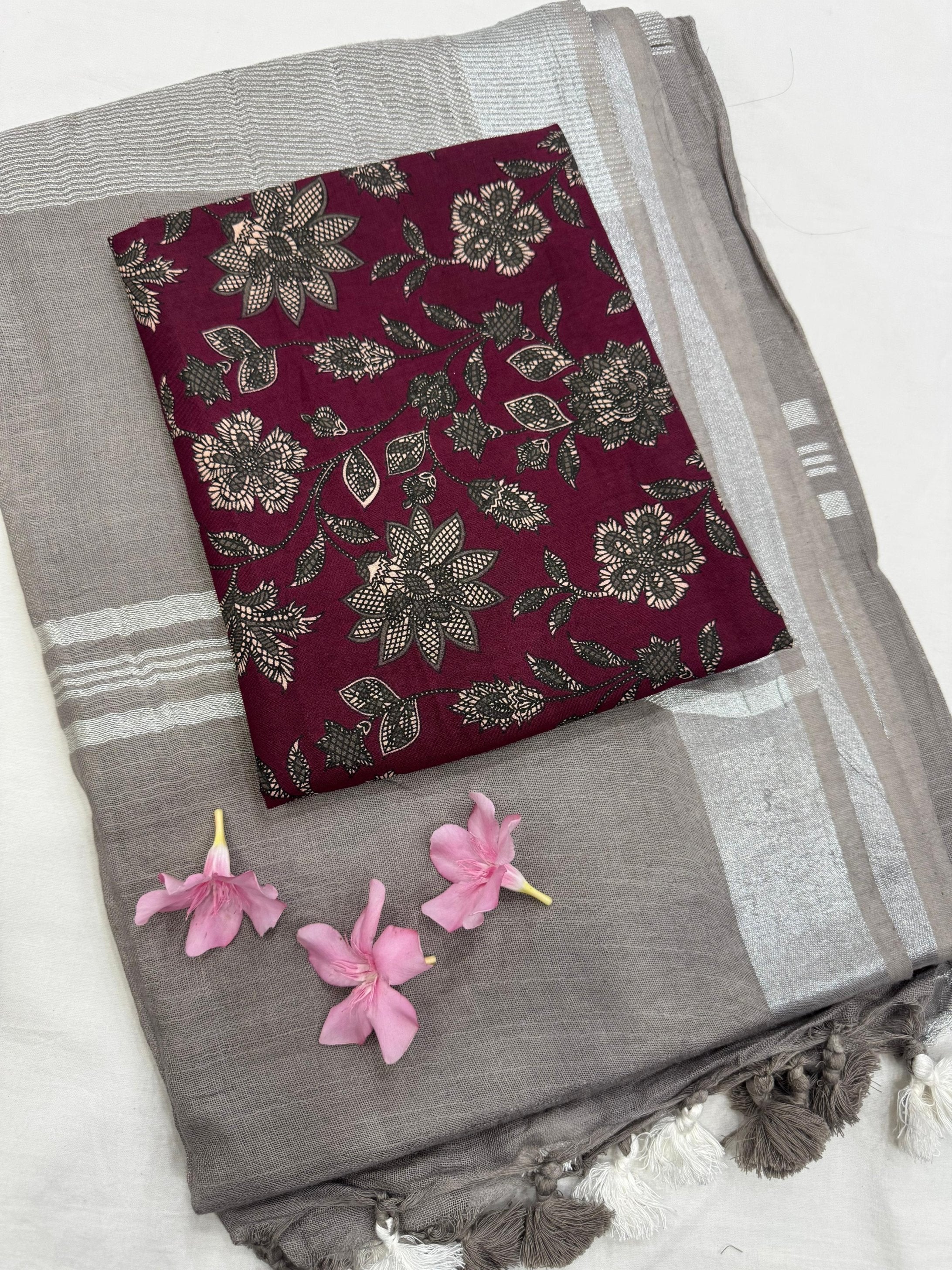 Light Grey Saree with Maroon Floral Jaal Blouse Fabric – Premium handblock printed saree wholesale for boutiques, retailers, and designers